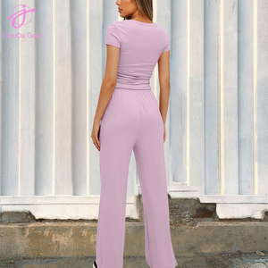 Set di abiti <span class=keywords><strong>estivi</strong></span> donna all'ingrosso Loveda tinta unita Casual Top a maniche corte e pantaloni larghi a vita alta - Product Image 6