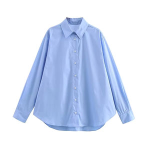 Nouveautés Printemps 2025 – <span class=keywords><strong>Blouse</strong></span> décontractée en mousseline de soie confortable pour femme, à manches longues, boutonnée, col à revers, style vintage uni - Product Image 1
