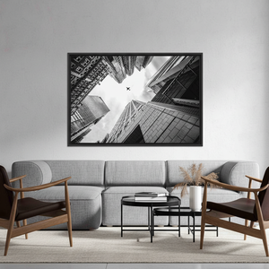 Modern Glass Wall Art: Cityscape Canvas Print with Airplane,<b>BLACK</b> <b>FRAMED</b> CANVAS - Product Image 3