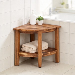 Tabouret de salle de bain triangulaire en teck double couche, banc de douche en bois massif en forme d'éventail, rangement d'angle 40,1 cm x 40,1 cm x 45,5 cm - Product Image 2