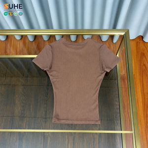 Haut court côtelé ajusté SUHE pour femme, manches courtes, col rond, couleur unie, décontracté, été, respirant, en modal et élasthanne tissé - Product Image 5