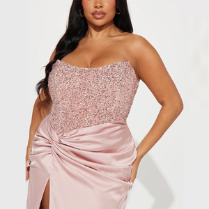 Glamorous Pink Sequin Strapless Maxi Dress with Twist Waist and High Slit Formal Evening <strong>Gown</strong> for Prom Customizable - Product Image 5