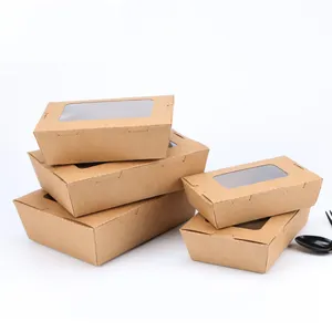 一次性外卖包装棕色牛皮纸食品盒，带透明聚氯乙烯色拉窗口