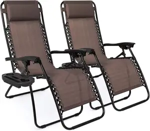 Conjunto de muebles de exterior ajustables, sillas reclinables de malla de acero, cero gravedad, con almohadas y bandejas de soporte para vasos, color marrón