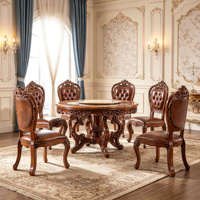 Europäisches Massivholz Rundes Esszimmer-Set Handgeschnitzte PU-Leder Stühle Vintage Königliche Esszimmermöbel Großhandel