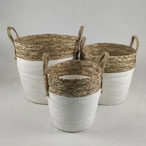 Bộ 3 giỏ để lưu trữ cỏ biển và dây giấy làm bằng tay rơm giặt giỏ lưu trữ