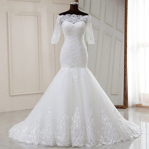 Mermaid Wedding Dress Off-the-Shoulder Scalloped Neckline White Polyester Vintage Style for Petite Brides - Product Image 1