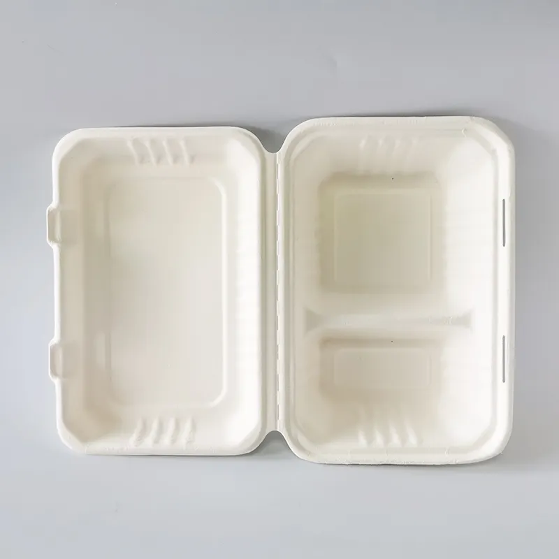 2-fach Clam shell umwelt freundliche Zuckerrohr Party Papp teller Bagasse Geschirr Set Zuckerrohr Zellstoff zum Mitnehmen Lunchbox