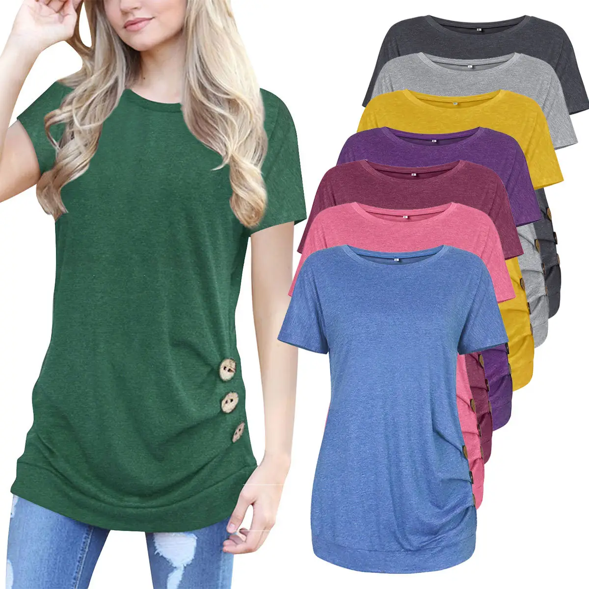 FZ-85 Amazon Women's Supply Button Decoration Short-Sleeved Pullover Dressy Shirt Girls Summer Tops Long Blouse