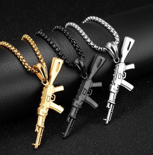 Punk Style Hiphop Gun Weapon AKM Rifle Gun Pendant Chain Necklace Men Party Wearriing Golden Color Necklaces