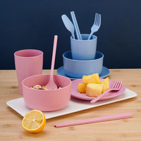 Ensemble de vaisselle pour enfants en plastique biodégradable respectueux de l'environnement avec logo personnalisé, 6 pièces, fourchette, cuillère, baguettes, assiette, bol, tasse en paille de blé