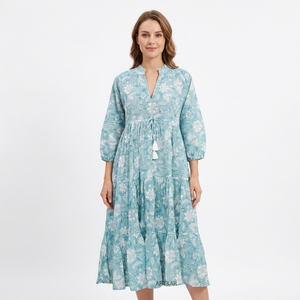 Robe longue évasée à imprimé floral pour femme, col en V, manches longues, coupe moderne, décontractée, en coton écologique respirant, avec poches et ourlet évasé - Product Image 1