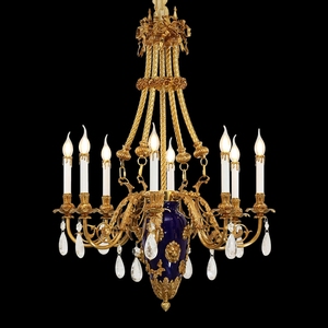 Lustre en porcelaine classique de style français lampe suspendue en laiton à 8 lumières pour salon d'hôtel - Product Image 1