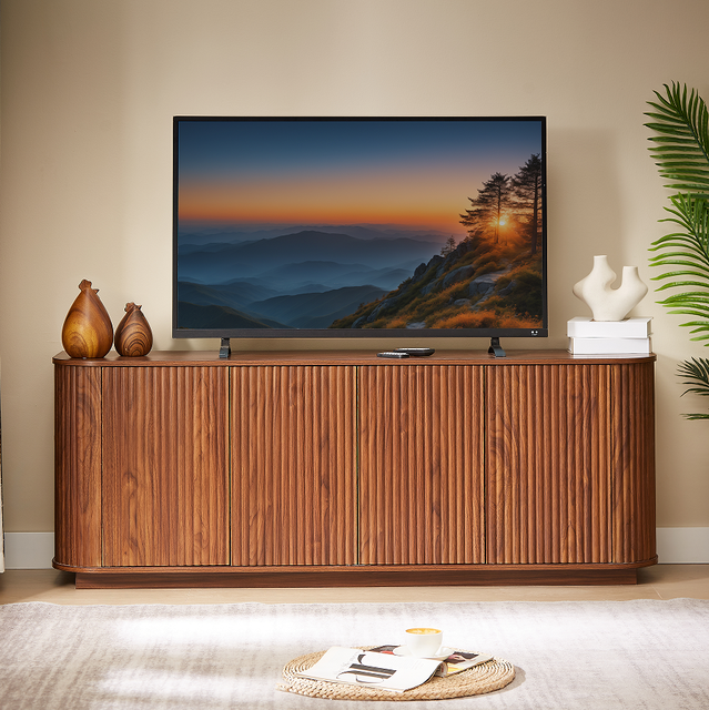 Modern Adjustable Wood TV Stand with Storage Cabinet Wave Pattern Vertical Stripes for Living Room Home Furniture