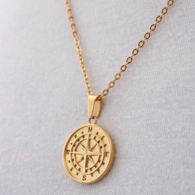 Hip Hop Stainless Steel Round Coin Chain Vintage Jewelry Gold Compass Pendant Necklace for Women Men
