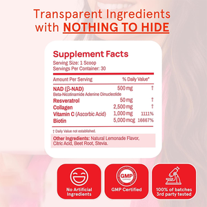 Complément en poudre de collagène NAD+ sans sucre, saveur limonade naturelle, marque privée OEM, avec resvératrol, biotine et vitamine C - Product Image 6