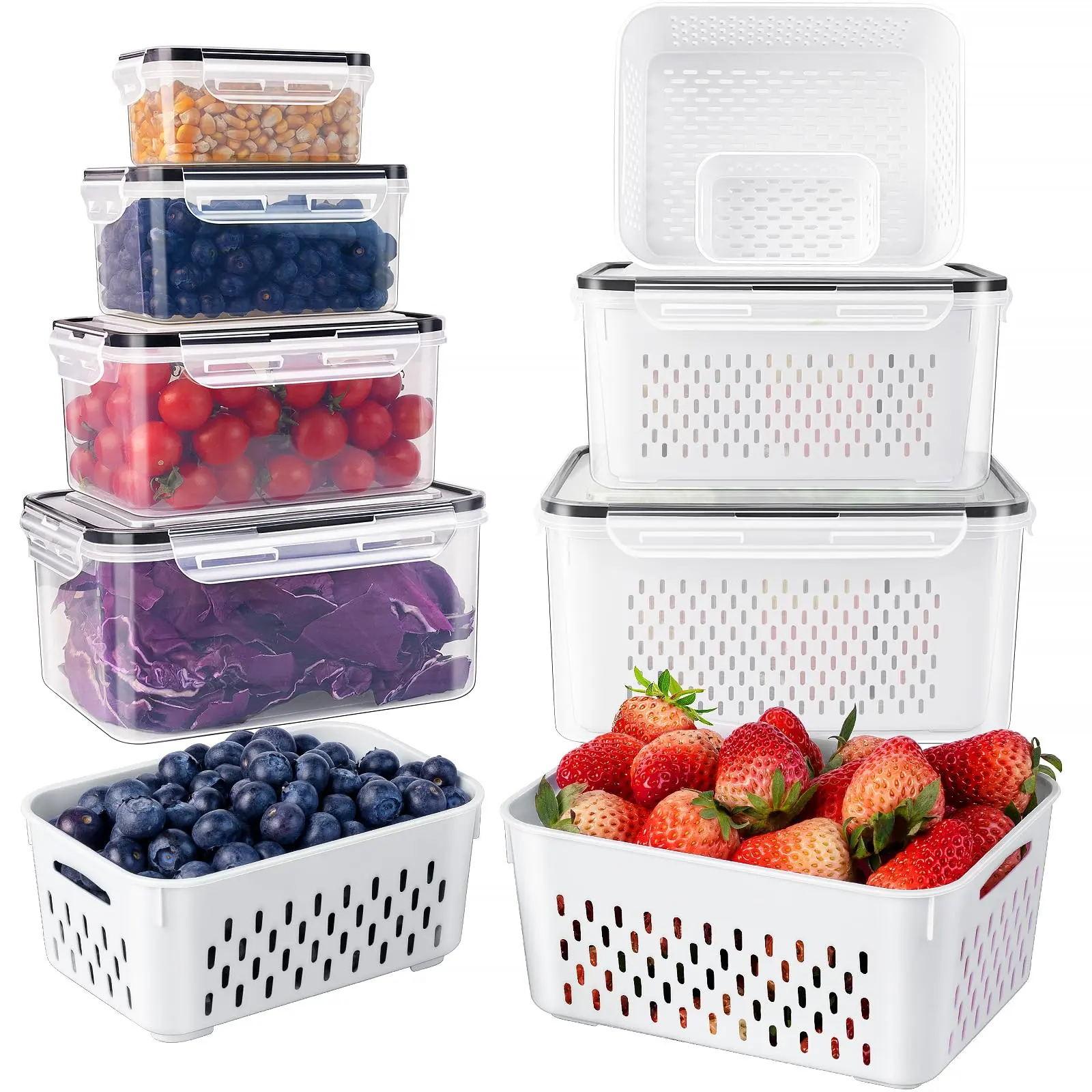 2 trong 1 nhựa thực phẩm tủ bếp leakproof lưu trữ hộp trái cây container tủ lạnh tổ chức với có thể tháo rời colander