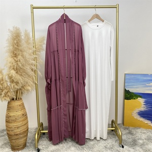 Summer Lightweight Chiffon Open Abaya Set with White Pearls Tie Belt Long Sleeve Dubai Abayas 5 Colors (1964+6435) - Product Image 5