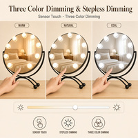 Miroir de courtoisie rond noir en ABS avec éclairage, 30 cm, 9 ampoules LED, capteur tactile, 3 modes de couleur, rotation à 360°, intensité réglable, HD 1X