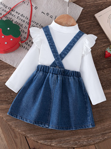 New Autumn Flying Sleeve Printed <strong>Top</strong>+Strap <strong>Embroidered</strong> Cowboy Short <strong>Skirt</strong> with Bag 3-Piece Set - Product Image 2