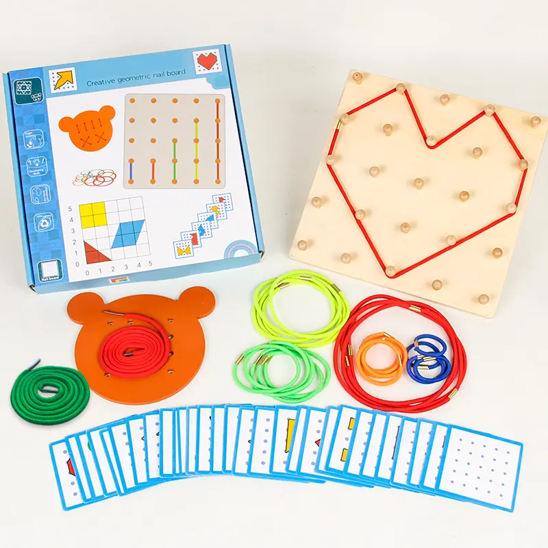 फैक्टरी प्रत्यक्ष बिक्री लकड़ी के DIY बच्चों के हस्तनिर्मित ज्यामितीय नेल बोर्ड मोंटेसरी शैक्षिक खिलौने बच्चों, लड़कों, लड़कियों के लिए