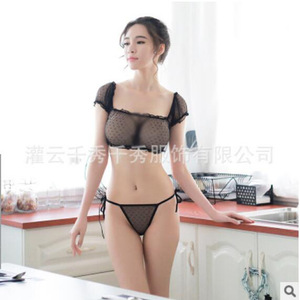 Ensemble de lingerie sexy en maille transparente, deux pièces, sans bretelles, épaules dénudées, string, ensemble de nuit trois pièces, 1544 - Product Image 5