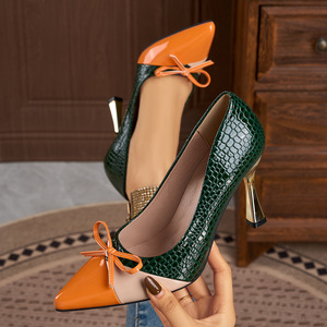 Escarpins Xuanhui élégants et modernes à <span class=keywords><strong>talon</strong></span> haut de 9 cm, bout <span class=keywords><strong>pointu</strong></span>, motif gaufré, nœud décoratif, couleur contrastante, sexy, pour femmes - Product Image 5