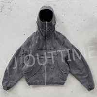 Pull Vintage en Demin avec Épaules tombantes Personnalisé Délavé à l'acide Pull Graphique pour Hommes à Capuche Intégrale Zip up Retro Ninja Distressed Hoodie