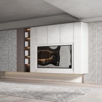 Meuble TV LED Minimaliste Contemporain en MDF Blanc, pour Hall d'Hôtel, avec Rattan Taupe et Acacia Doré