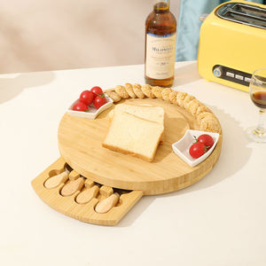 Plateau à fromage rond en <span class=keywords><strong>bambou</strong></span> avec 4 couteaux, plateau à gâteaux, à collations et à charcuterie avec un seul tiroir - Product Image 2