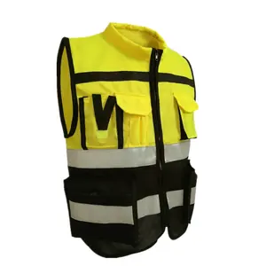 High visibility reflective strip multi pockets work jacket with collar security reflective safety vest