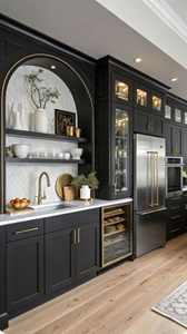 Juego de Cocina de Madera Maciza Negra Clásica de Alta Gama Personalizado Directo de Fábrica |   Accesorios Elegantes de Oro y Encimeras de Cuarzo - Product Image 2