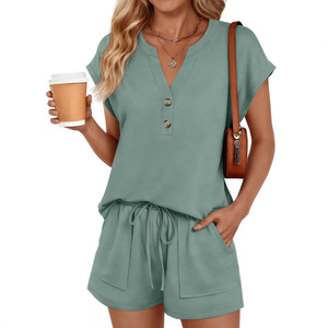 Ensemble deux pièces pour femmes, col en v, manches courtes, style décontracté, street fashionista, Smlxl, kaki, noir, vert lac, bleu foncé - Product Image 2