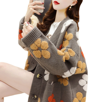 Cardigan long tricoté chaud pour femme, motif floral, coupe ample, avec poches, collection automne-hiver