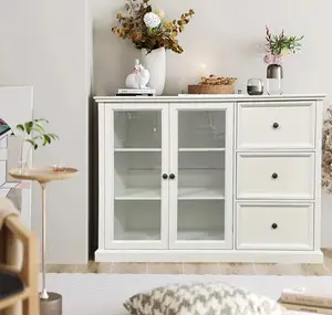 New Home Products 2024 Corner 2 Door 3 Drawers Display Glass Sideboard Cabinet White Mdf Cabinets