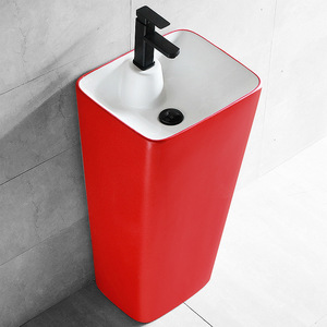 Red Pedestal Ceramic Bathroom Sink Rectangular Floor Standing <b>Single</b> Hole Glossy Finish - Product Image 3
