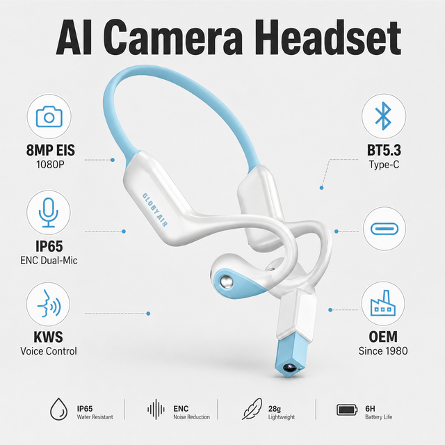 In-Ear AI Camera Headset 8MP EIS 1080P, BT5.3 IP65 ENC, Type-C LED KWS Voice, TF 32GB Hands-Free, OEM Factory
