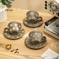 FENN Vente en gros de tasses à café en céramique personnalisées peintes à la main de 250 ml avec impression d'art rétro, ensemble de tasses à thé, tasses en porcelaine et soucoupes, cadeau