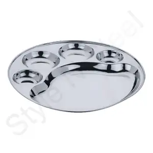 Stainless Steel Grid Divided School Restaurant Canteen Dish Dinner Plate Lunch Tray 5 Compartment Round Tray Lunch Dinner Plate