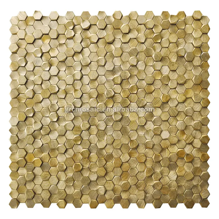 षट्भुज लक्जरी दीवार टाइल्स के लिए ब्रश एल्यूमीनियम सोने धातु मोज़ेक backsplash
