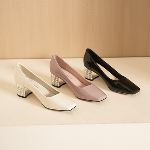 5688-3 Square Toe <b>Block</b> Heel Pumps With Rhinestones Formal Women's Shoes Medium Heel Solid Color Pu Lining <b>Rubber</b> Outsole - Product Image 1