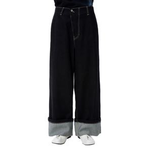 Jeans Baggy Homme en Denim Selvedge Noir Délavé à Ourlet Roulé Style Streetwear – Vente en Gros - Product Image 5