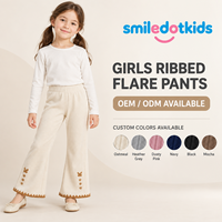 Smiledotkids Pantalons évasés personnalisés pour enfants, crème, côtelés, brodés, ourlet festonné, taille élastique, OEM ODM, pour petites filles, vente en gros