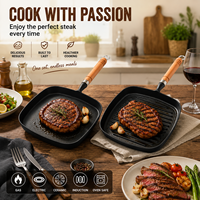Poêle à frire carrée en fonte avec manche en bois, grill à côtes plates, poêle antiadhésive pour barbecue, idéale pour la cuisine domestique et le camping