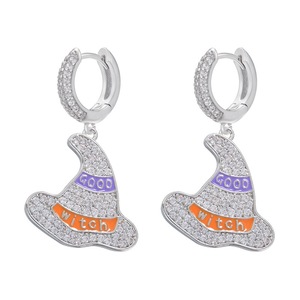 Nuovo stile di Halloween gioielli in zircone cubico smalto strega cappello magico a pipistrello ciondolo Charm CZ orecchini a cerchio per donne ragazze bambini - Product Image 5