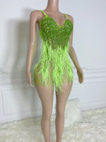 Ocstrade Prêt à expédier - Chat avant commande - Nouvelle robe de soirée mini en plumes vertes et cristaux pour femme, idéale pour anniversaire ou club, avec strass