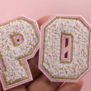 Fast Delivery Wholesale Letter Chanille Gold Edge Iron On Letter Patches Pink Chenille Letter Patch