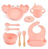 Ensemble de repas pour bébé en silicone en forme d'animal, vaisselle pour tout-petits, assiette en forme de crabe, bol, bavoir, tasse à bec, cuillère, ensemble de vaisselle réutilisable pour les repas