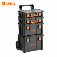 Boîte à outils carrée empilable Airaj en plastique étanche, robuste, avec double roulettes pivotantes, fermeture auto-agrippante et loquet métallique poli