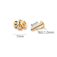 Anting-anting labret titanium berlapis emas ASTM F136 bentuk bunga, kualitas implan, ulir, untuk bibir, hidung, telinga, dengan zircon warna-warni, cocok untuk hadiah
